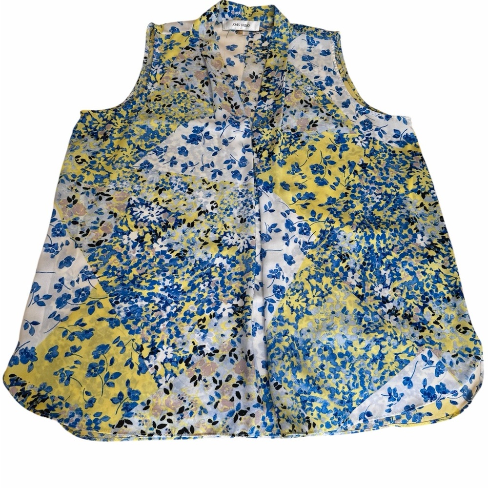 Jones Studio Yellow and Blue Floral Sleeveless Blouse